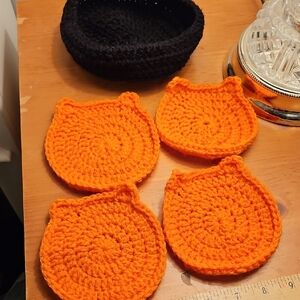 Handcrafted Crocheted Orange Cat Coasters - Set of 4